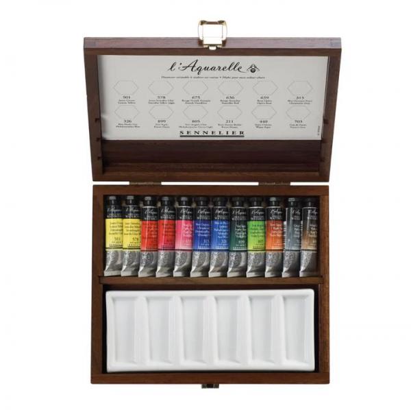 【予約受付中:後払い不可】セヌリエ水彩絵具10mlチューブ<12色>ウォールナットボックスセット